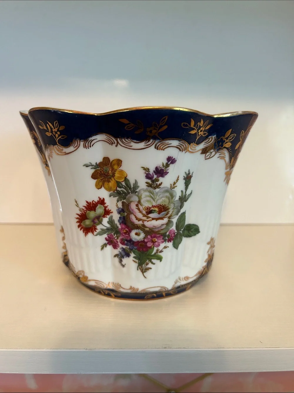Andrea By Sadek White Porcelain Floral Cachepot with Cobalt and Gold Trim